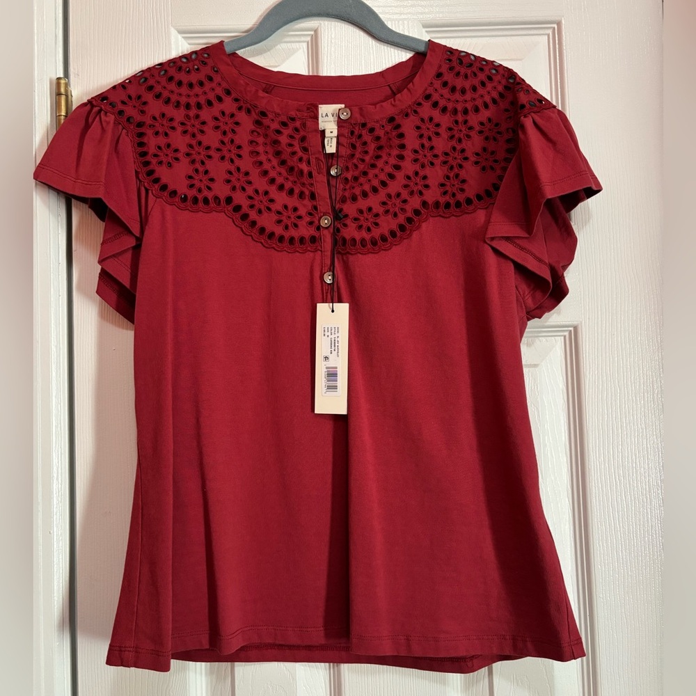 LA VIE REBECCA TAYLOR EYELET TOP NWT IN CARMINE 100% COTTON
